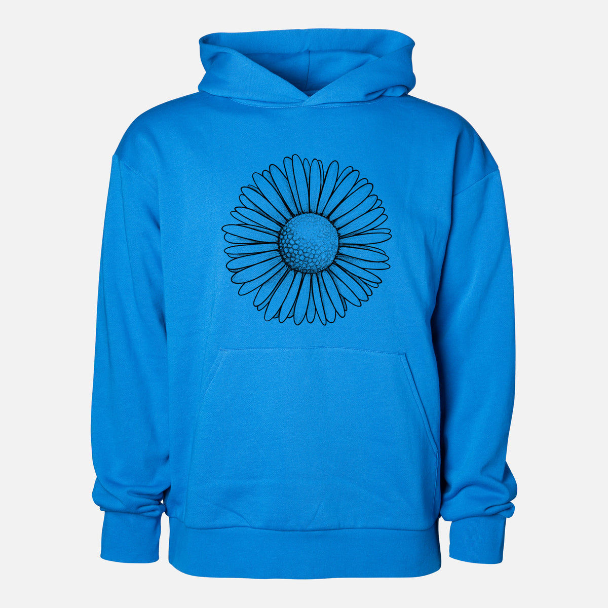 Bellis perennis - The Common Daisy - Statement Midweight Hoodie in Azure Blue, shown from the front with the design printed on the chest above a front kangaroo pocket.