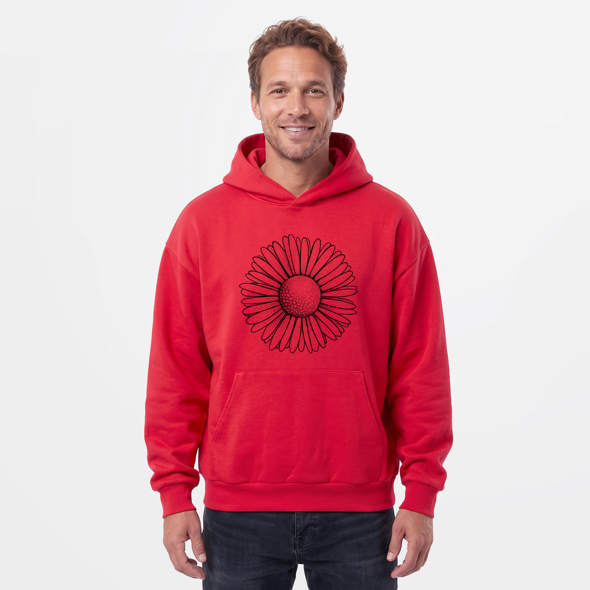 Male model wearing the Bellis perennis - The Common Daisy - Statement Midweight Hoodie.