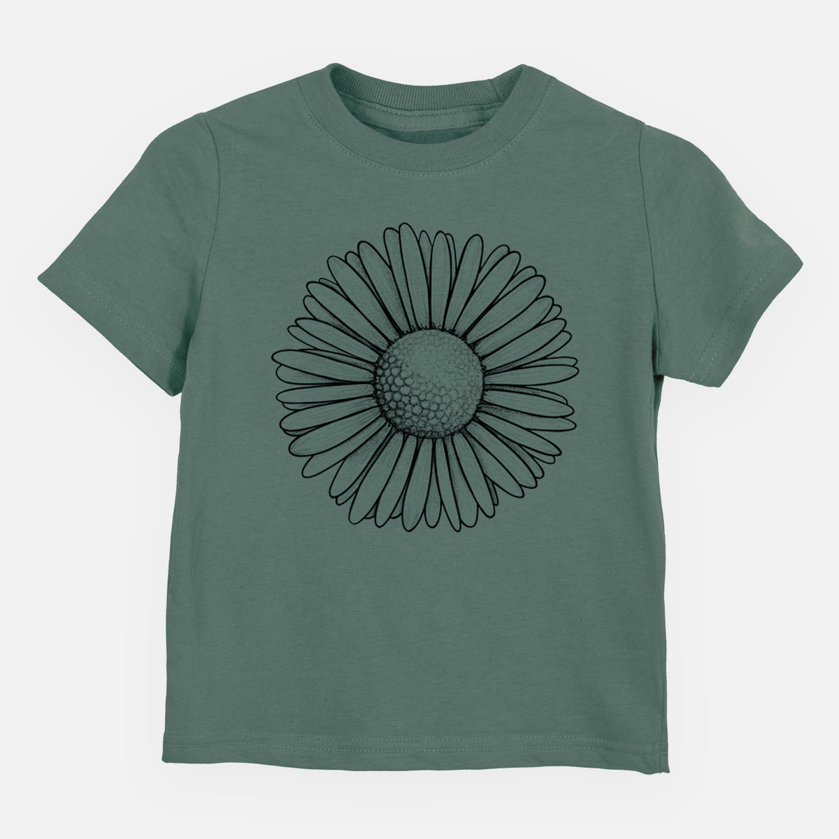 Basil green toddler t-shirt laid flat, printed with a detailed black ink line drawing of a single common daisy flower.