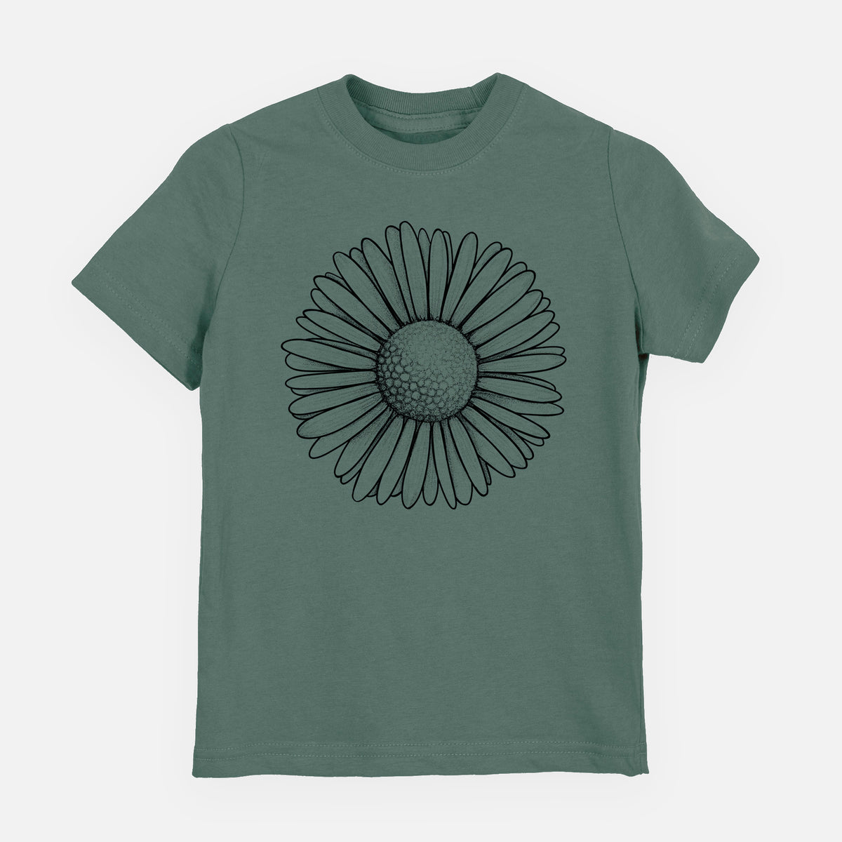 Basil green youth t-shirt laid flat, printed with a detailed black ink line drawing of a single common daisy flower.
