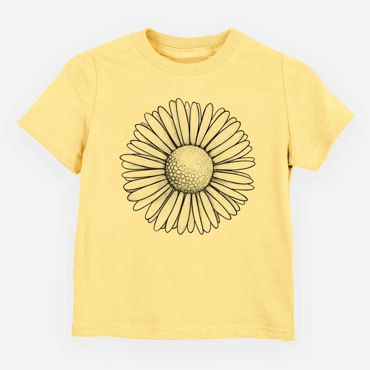 Butter yellow toddler t-shirt laid flat, printed with a detailed black ink line drawing of a single common daisy flower.