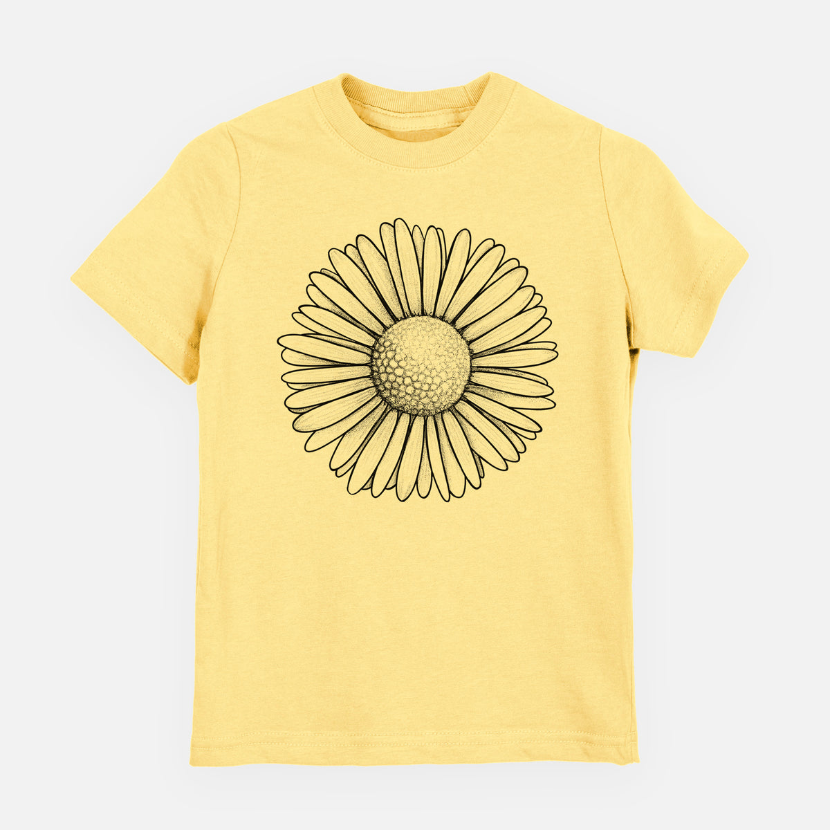 Butter yellow youth t-shirt laid flat, printed with a detailed black ink line drawing of a single common daisy flower.