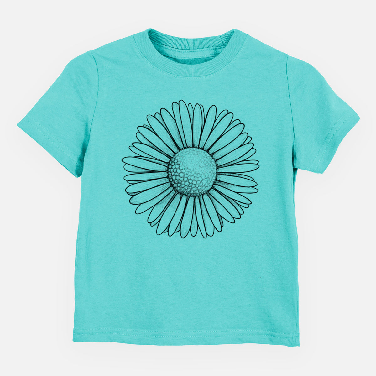 Caribbean blue toddler t-shirt laid flat, printed with a detailed black ink line drawing of a single common daisy flower.