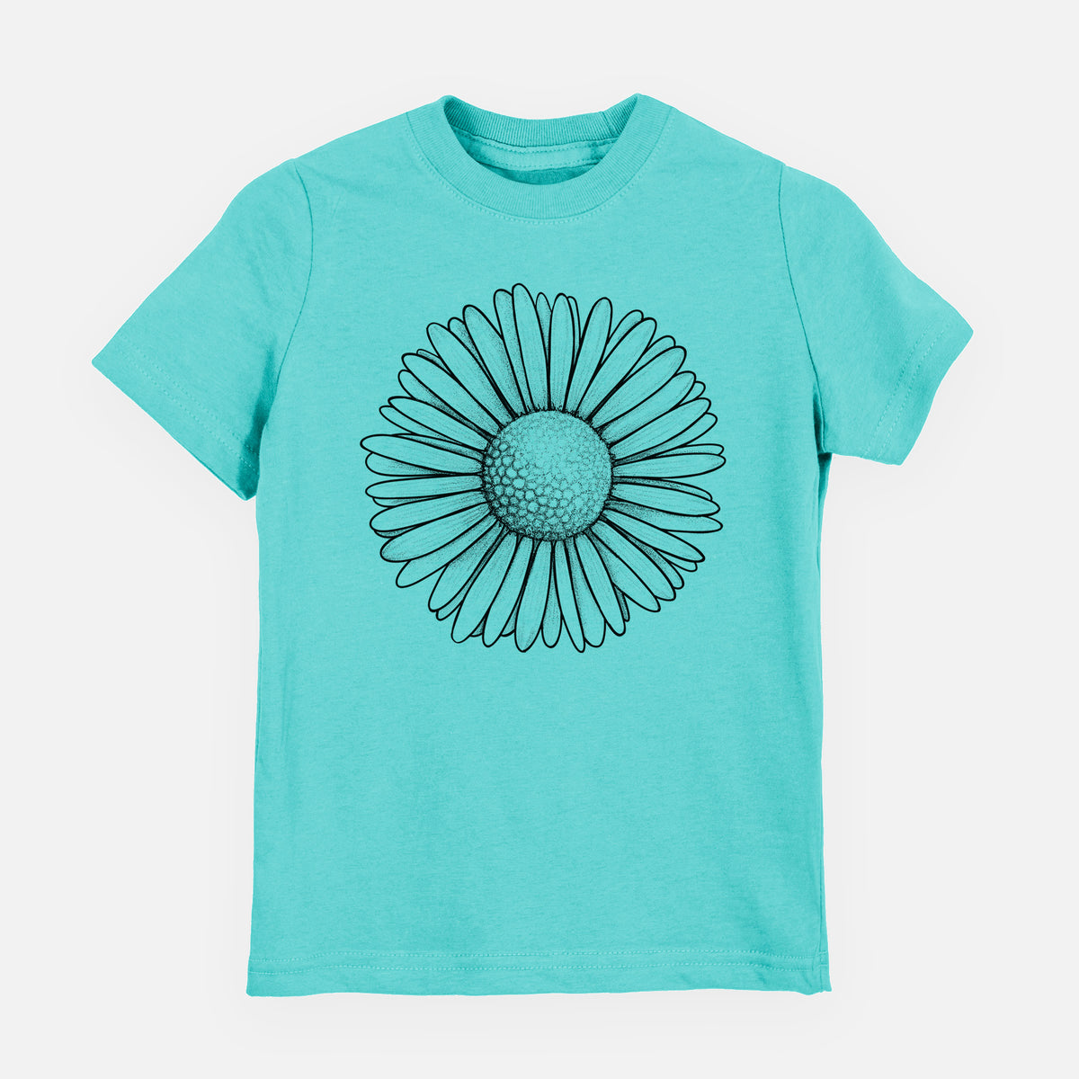 Caribbean blue youth t-shirt laid flat, printed with a detailed black ink line drawing of a single common daisy flower.