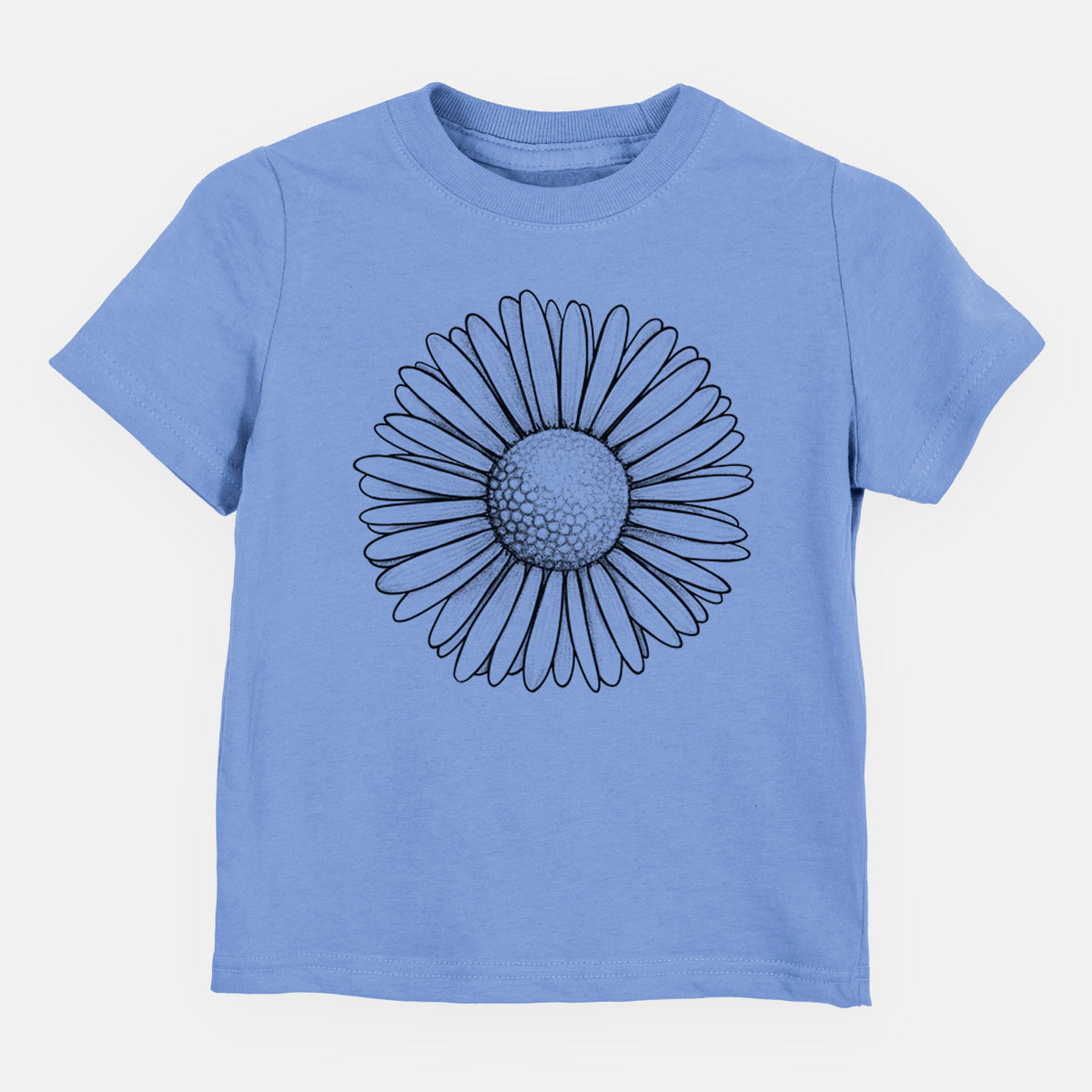 Carolina blue toddler t-shirt laid flat, printed with a detailed black ink line drawing of a single common daisy flower.