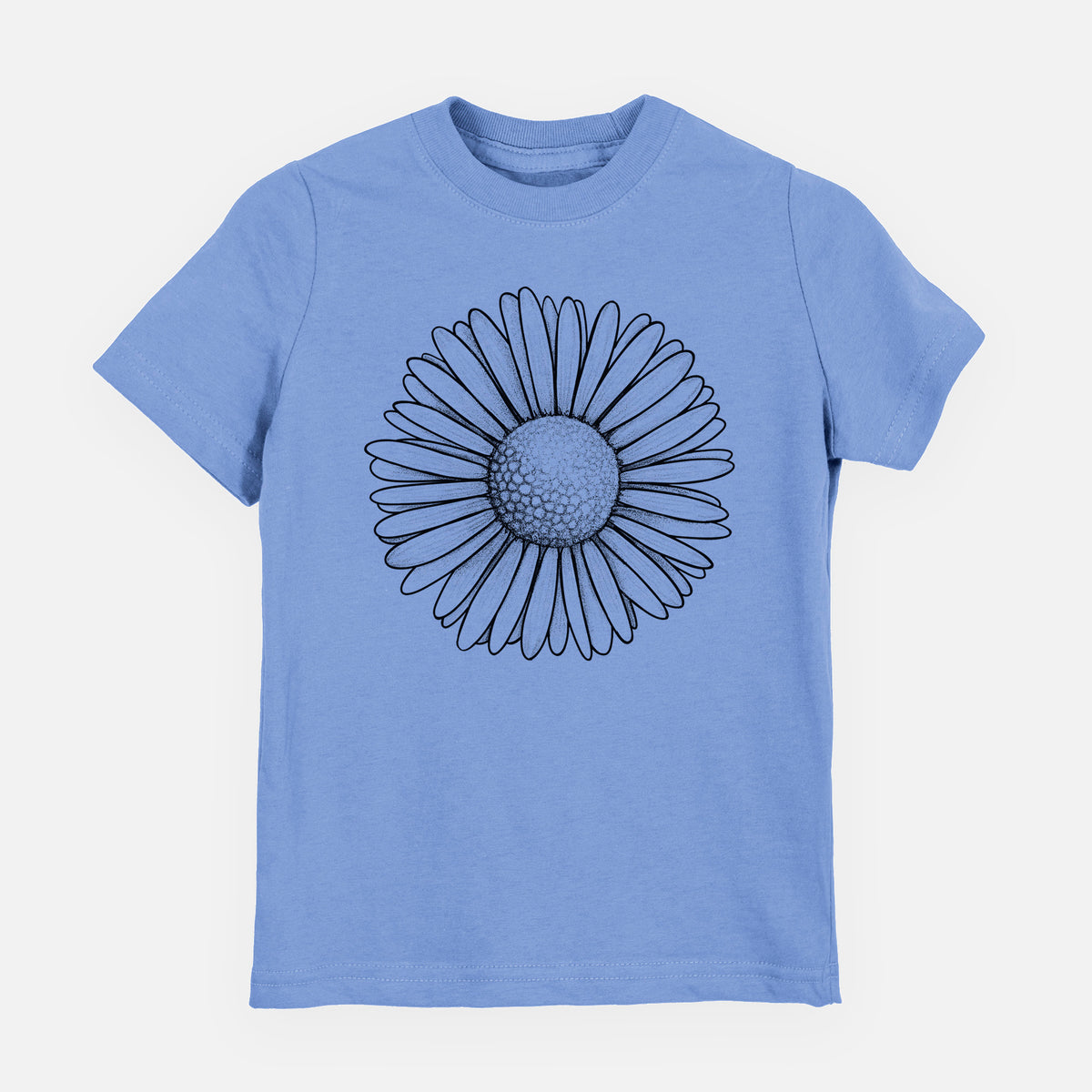 Carolina blue youth t-shirt laid flat, printed with a detailed black ink line drawing of a single common daisy flower.