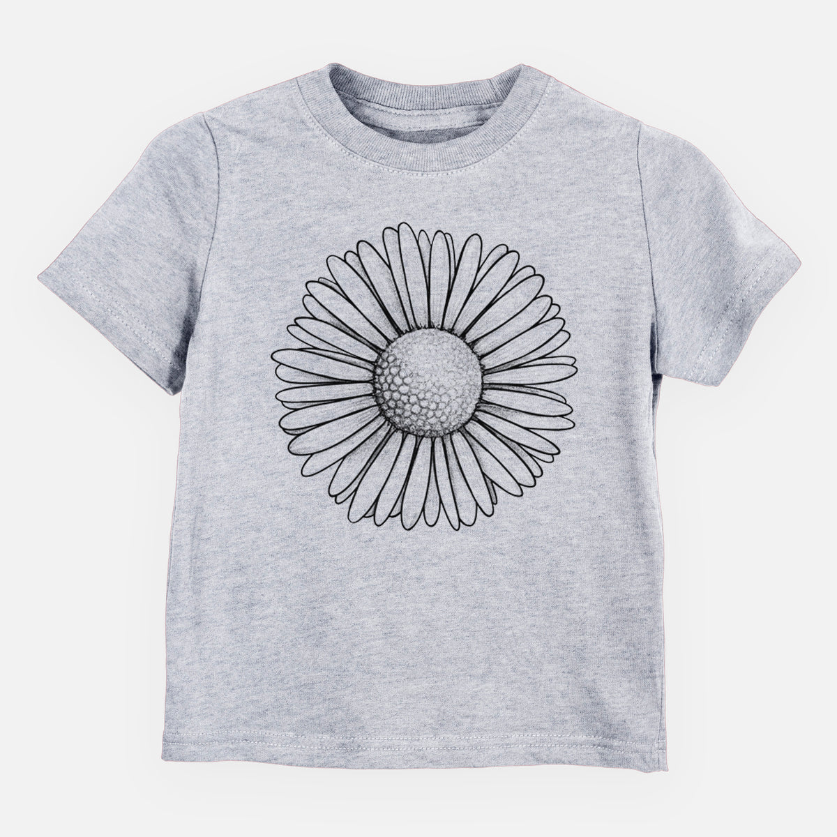 Heather grey toddler t-shirt laid flat, printed with a detailed black ink line drawing of a single common daisy flower.