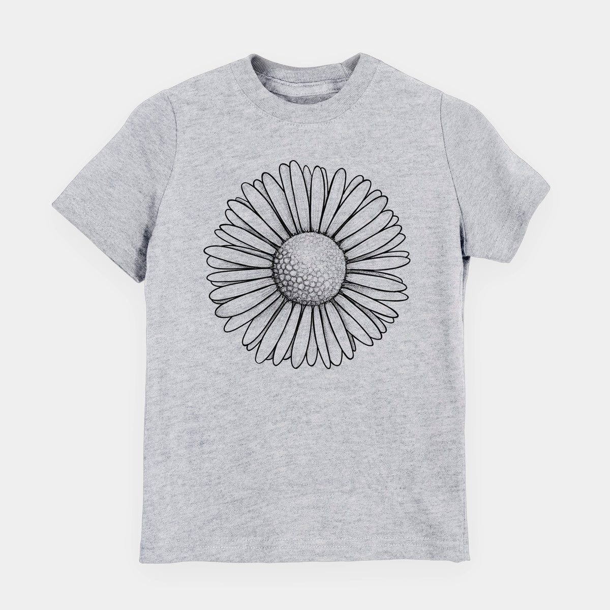 Heather grey youth t-shirt laid flat, printed with a detailed black ink line drawing of a single common daisy flower.