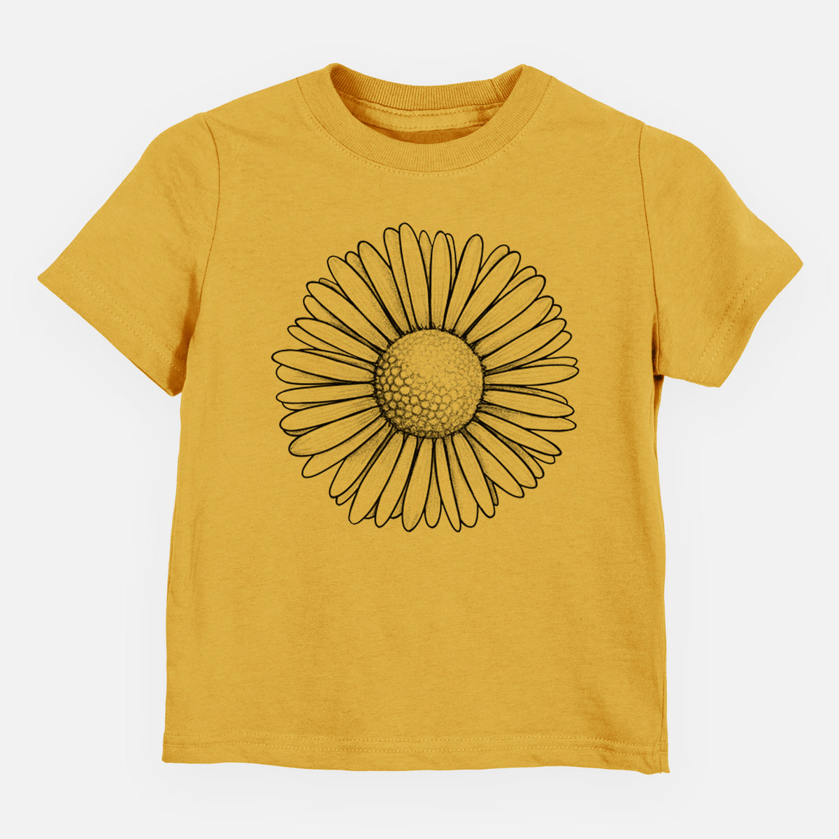 Honeycomb yellow toddler t-shirt laid flat, printed with a detailed black ink line drawing of a single common daisy flower.