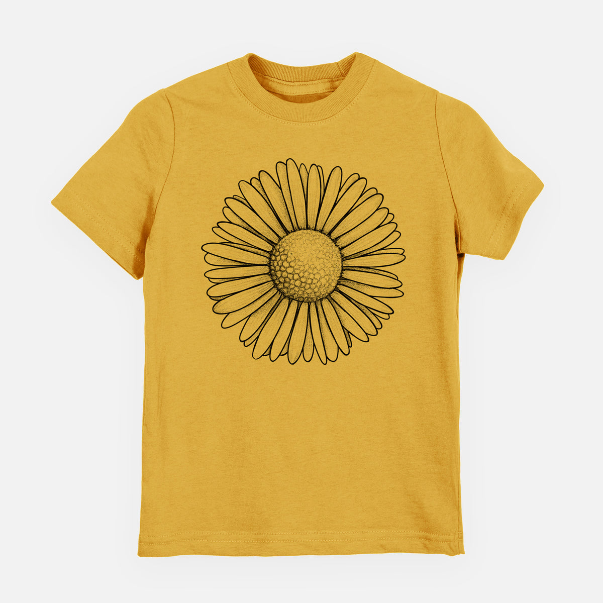 Honeycomb yellow youth t-shirt laid flat, printed with a detailed black ink line drawing of a single common daisy flower.