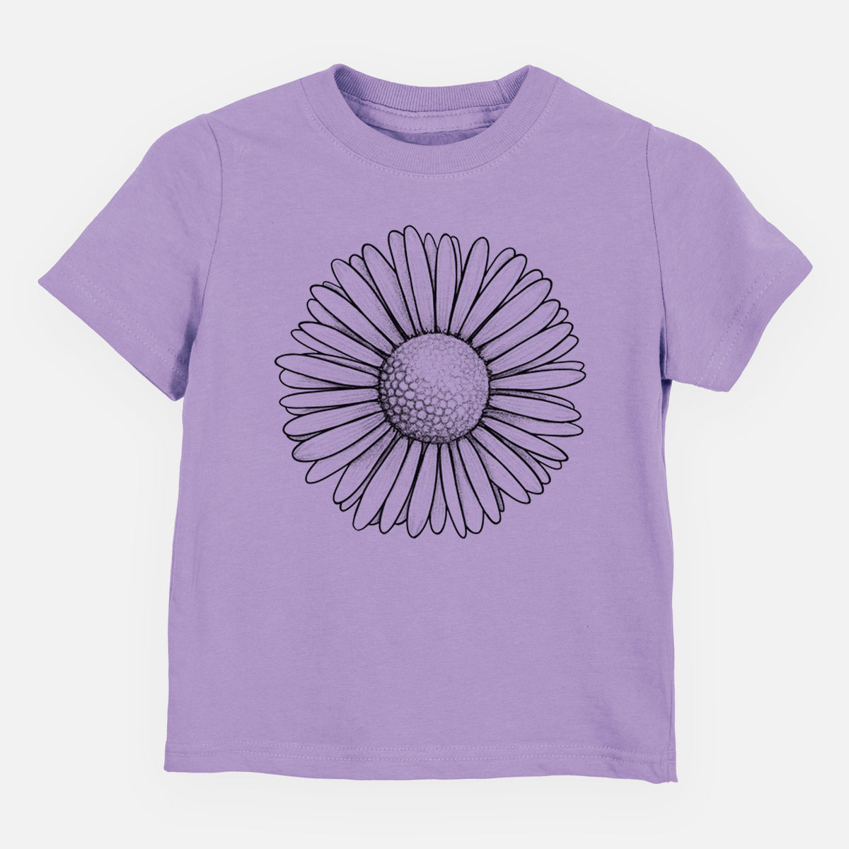 Lavender toddler t-shirt laid flat, printed with a detailed black ink line drawing of a single common daisy flower.