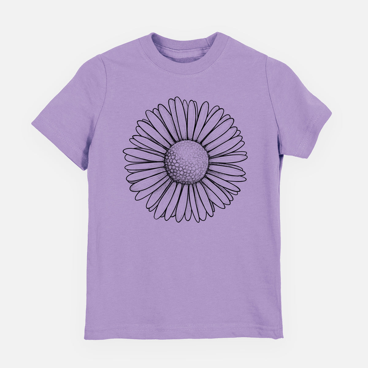 Lavender youth t-shirt laid flat, printed with a detailed black ink line drawing of a single common daisy flower.