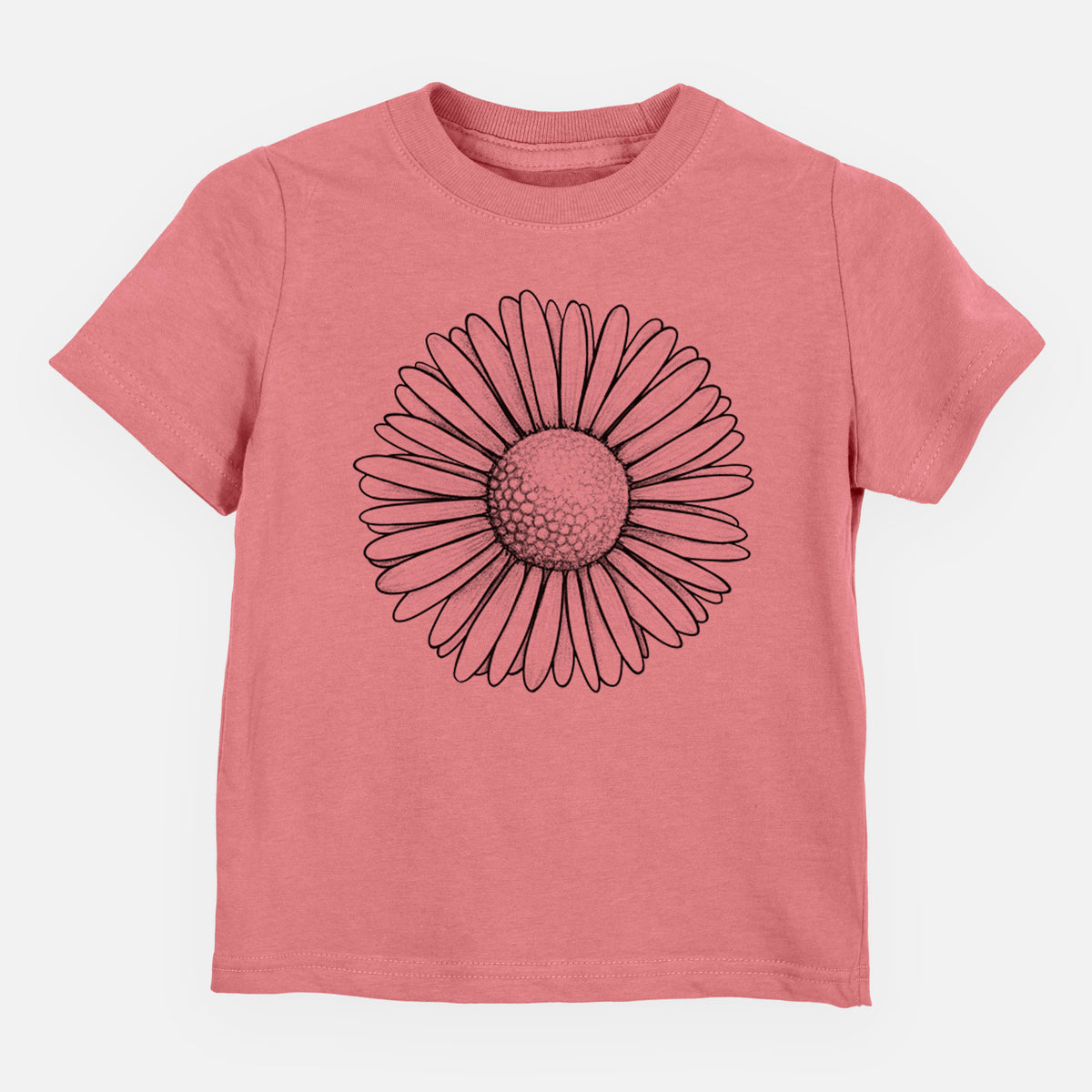 Mauve pink toddler t-shirt laid flat, printed with a detailed black ink line drawing of a single common daisy flower.