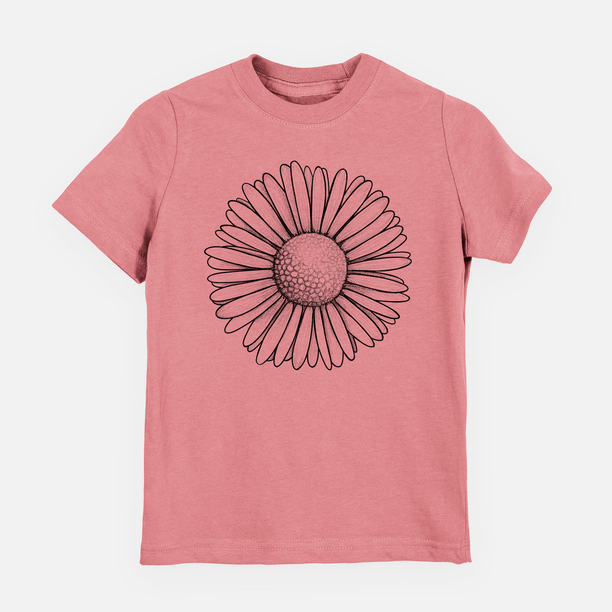 Mauve pink youth t-shirt laid flat, printed with a detailed black ink line drawing of a single common daisy flower.