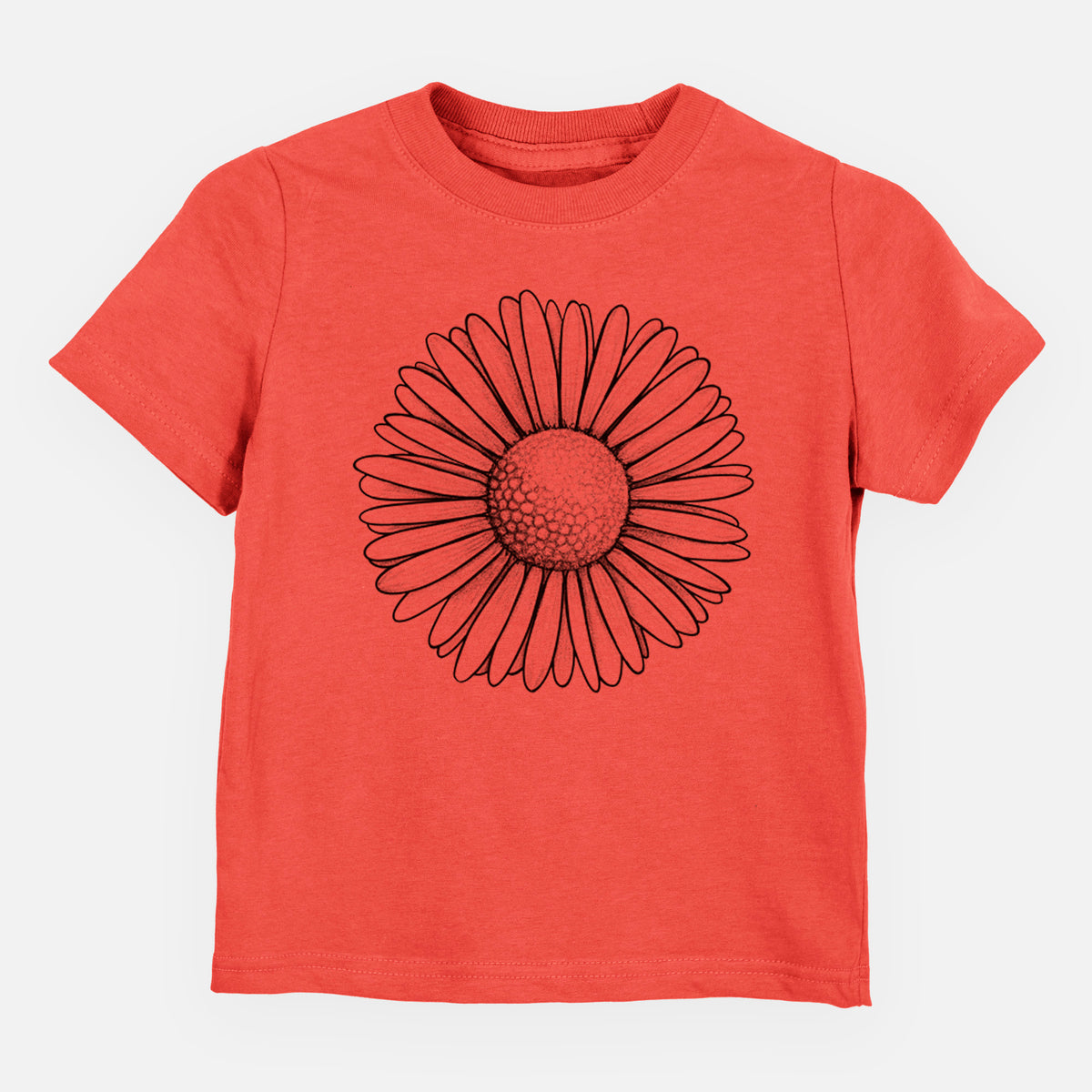 Passionfruit pink toddler t-shirt laid flat, printed with a detailed black ink line drawing of a single common daisy flower.
