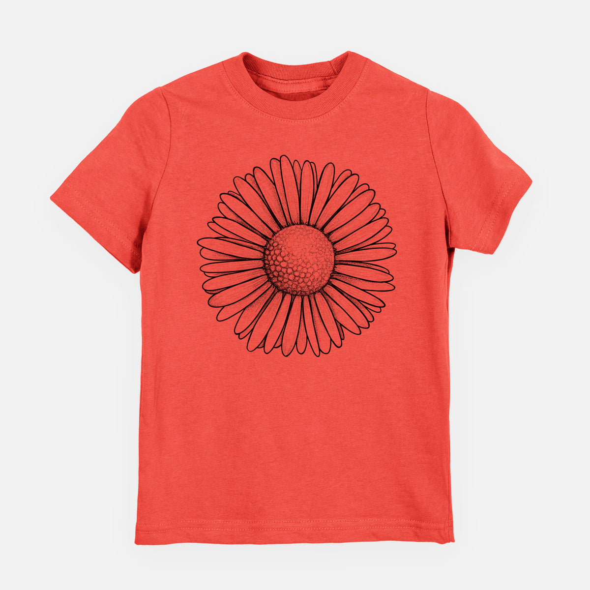 Passionfruit pink youth t-shirt laid flat, printed with a detailed black ink line drawing of a single common daisy flower.