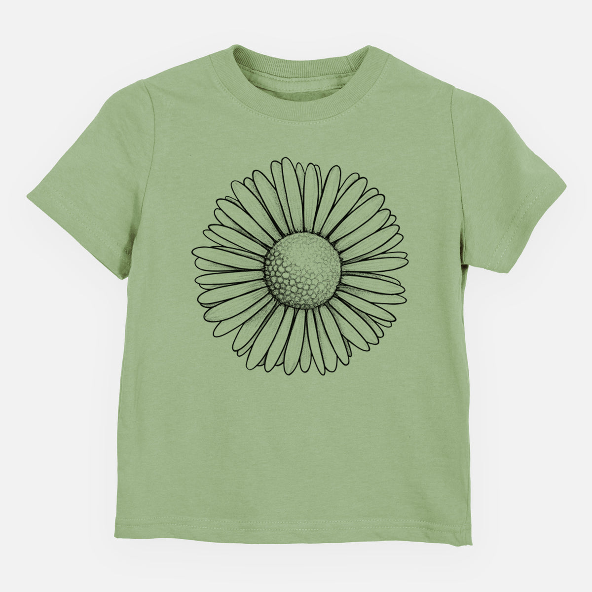 Sage green toddler t-shirt laid flat, printed with a detailed black ink line drawing of a single common daisy flower.