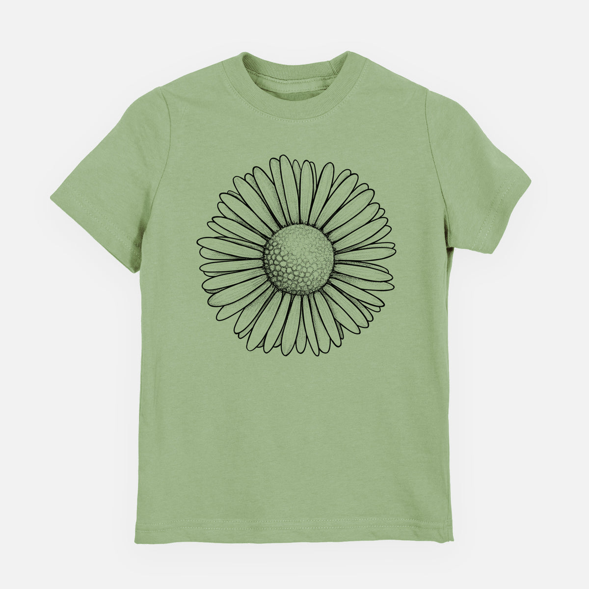 Sage green youth t-shirt laid flat, printed with a detailed black ink line drawing of a single common daisy flower.