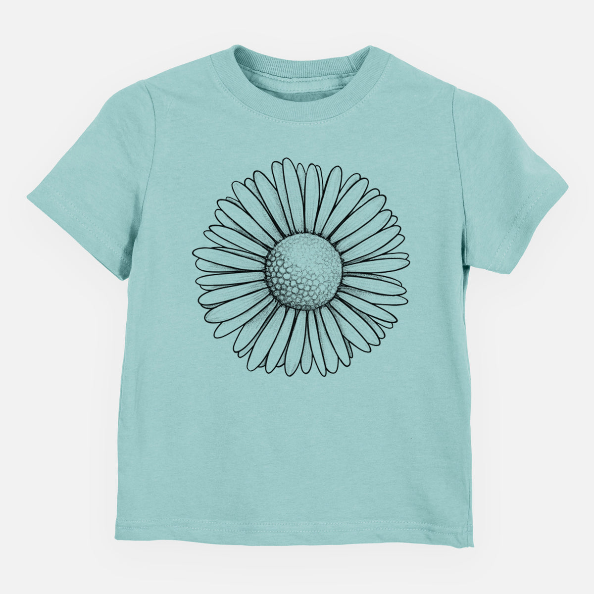 Saltwater toddler t-shirt laid flat, printed with a detailed black ink line drawing of a single common daisy flower.