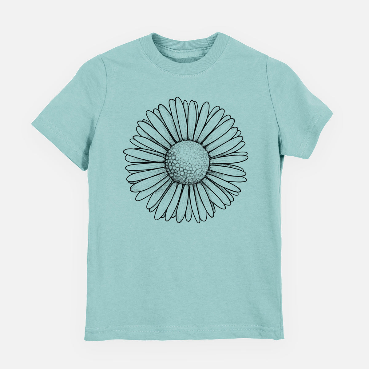 Saltwater youth t-shirt laid flat, printed with a detailed black ink line drawing of a single common daisy flower.