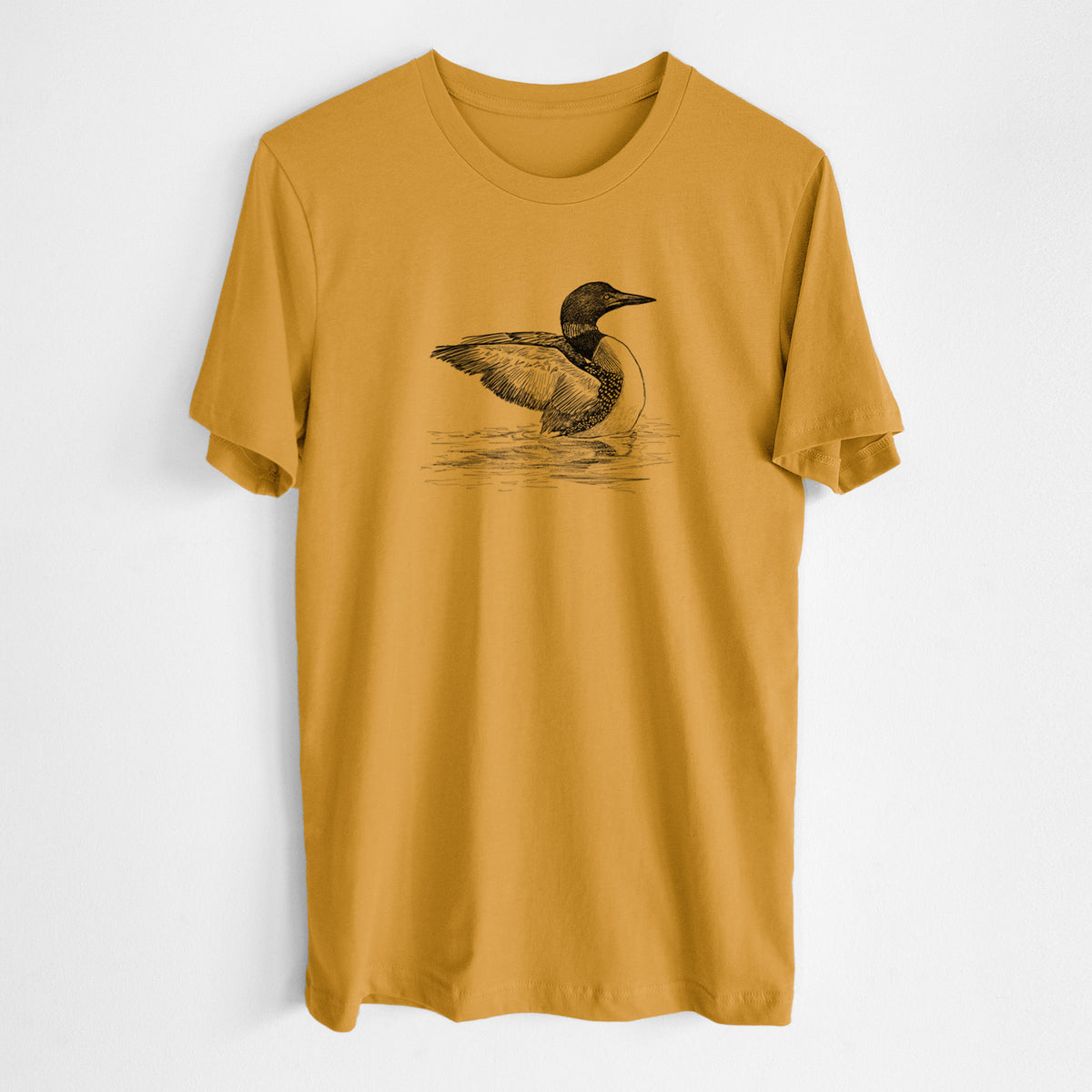 Honeycomb yellow lightweight cotton t-shirt laid flat, printed with a detailed black ink sketch of a common loon floating on rippling water.