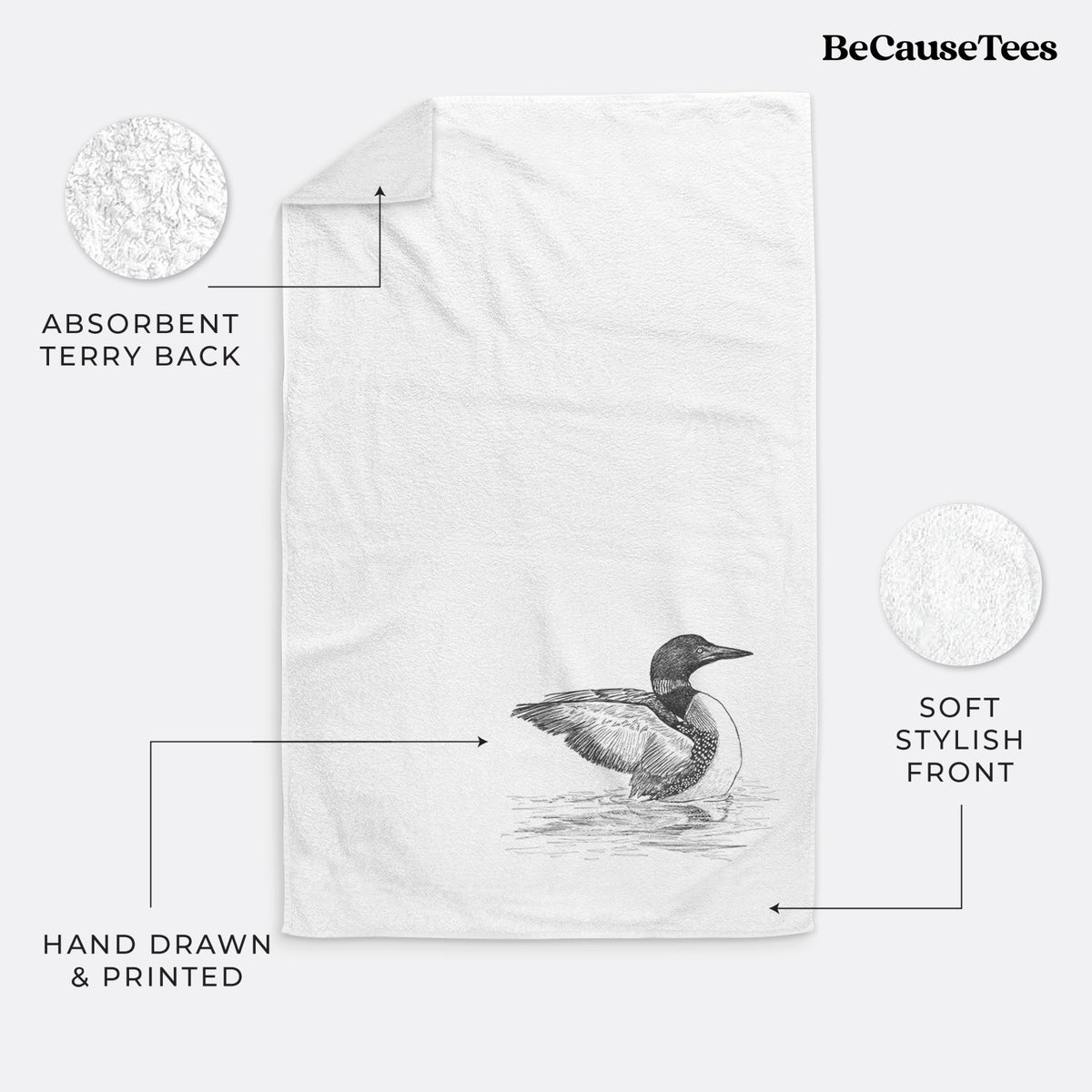 White hand towel printed with a detailed black ink sketch of a common loon floating on rippling water.