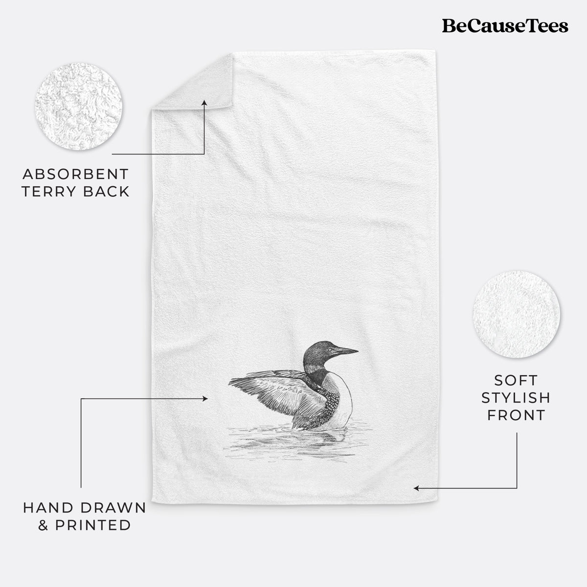 White hand towel printed with a detailed black ink sketch of a common loon floating on rippling water.