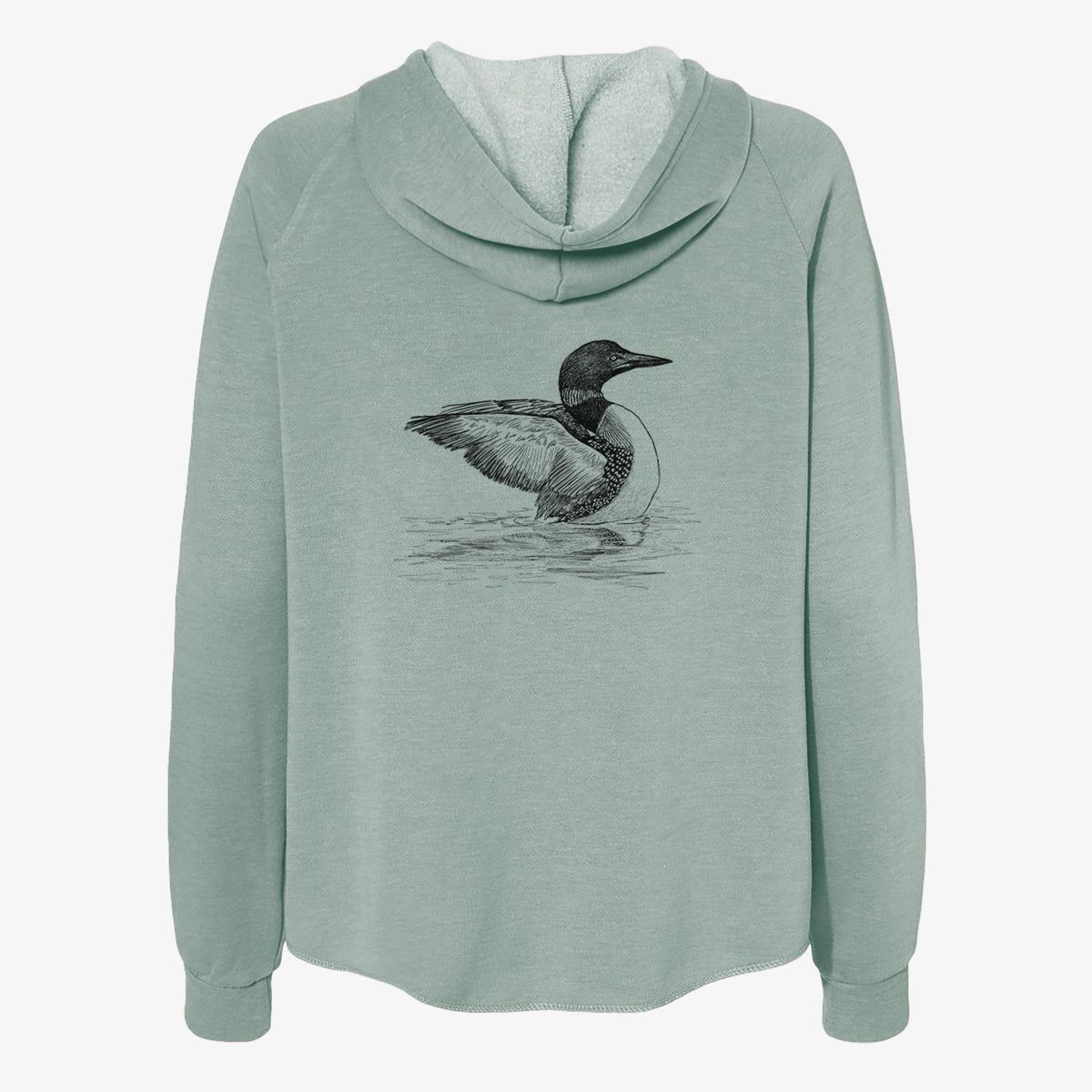 Sage green women's Cali Wave zip-up sweatshirt laid flat, printed with a detailed black ink sketch of a common loon floating on rippling water.