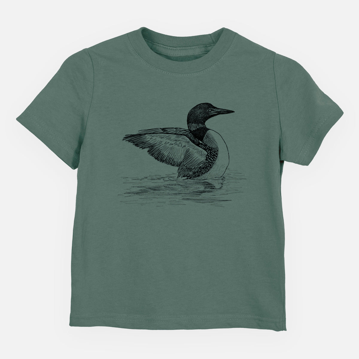 Basil green toddler t-shirt laid flat, printed with a detailed black ink sketch of a common loon floating on rippling water.