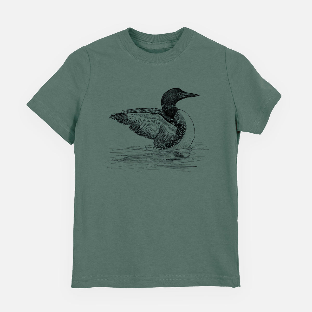Basil green youth t-shirt laid flat, printed with a detailed black ink sketch of a common loon floating on rippling water.