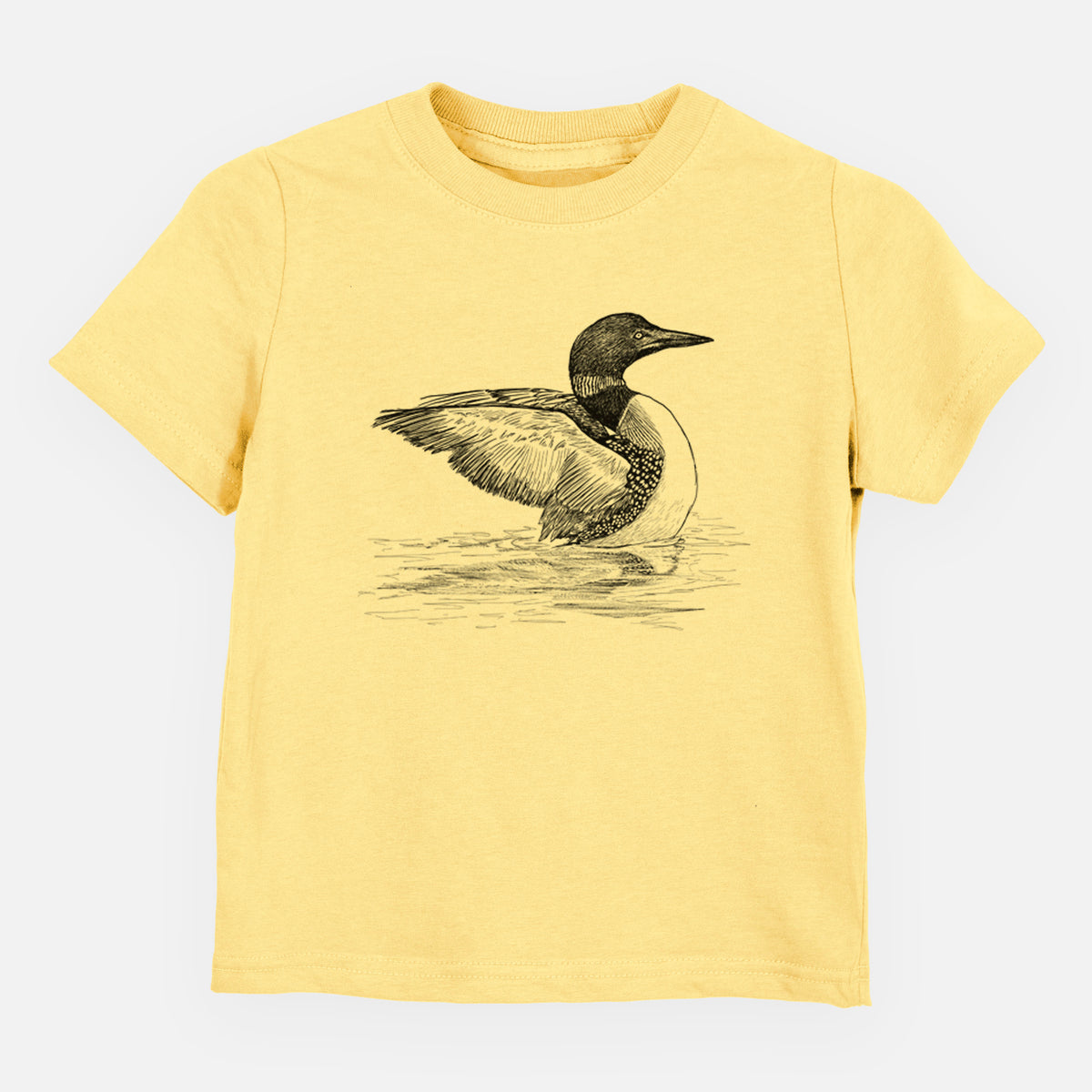 Butter yellow toddler t-shirt laid flat, printed with a detailed black ink sketch of a common loon floating on rippling water.