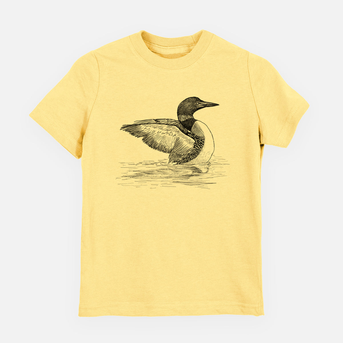Butter yellow youth t-shirt laid flat, printed with a detailed black ink sketch of a common loon floating on rippling water.