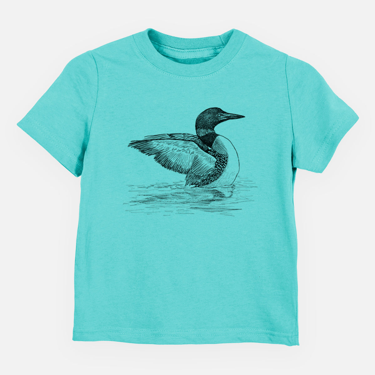 Caribbean blue toddler t-shirt laid flat, printed with a detailed black ink sketch of a common loon floating on rippling water.