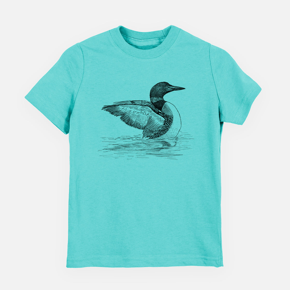 Caribbean blue youth t-shirt laid flat, printed with a detailed black ink sketch of a common loon floating on rippling water.