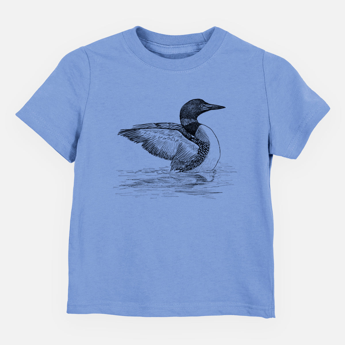 Carolina blue toddler t-shirt laid flat, printed with a detailed black ink sketch of a common loon floating on rippling water.