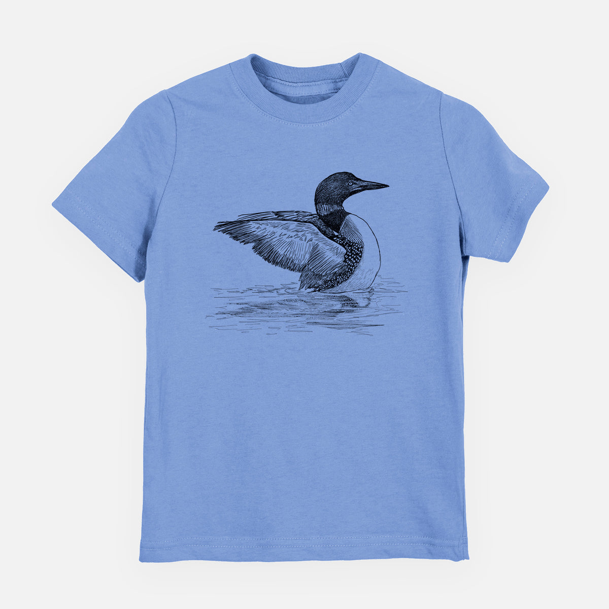 Carolina blue youth t-shirt laid flat, printed with a detailed black ink sketch of a common loon floating on rippling water.