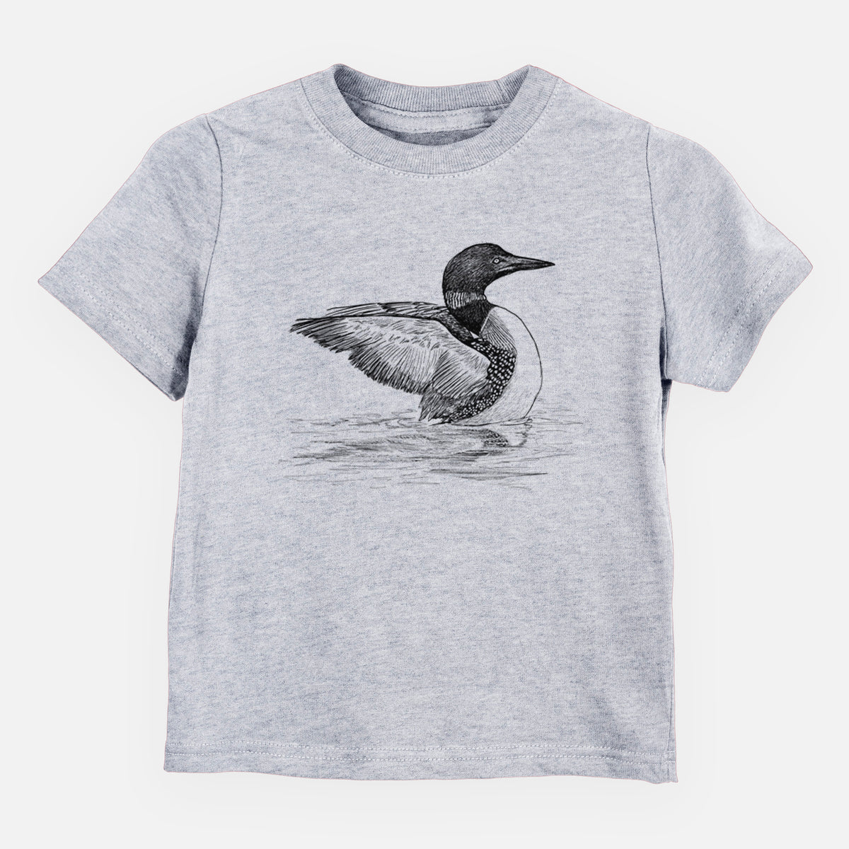 Heather grey toddler t-shirt laid flat, printed with a detailed black ink sketch of a common loon floating on rippling water.