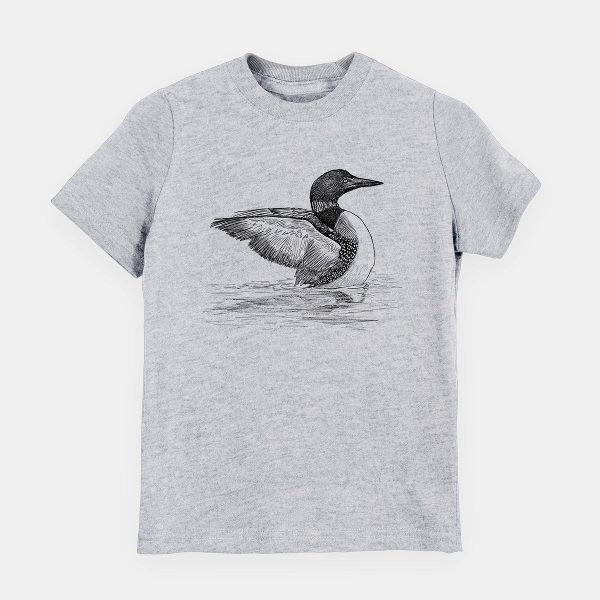 Heather grey youth t-shirt laid flat, printed with a detailed black ink sketch of a common loon floating on rippling water.