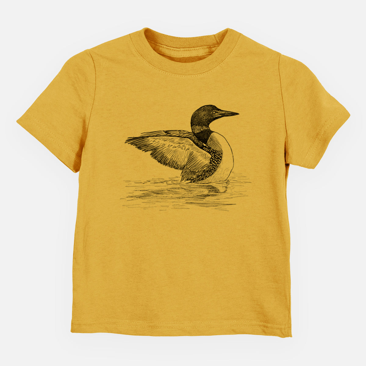 Honeycomb yellow toddler t-shirt laid flat, printed with a detailed black ink sketch of a common loon floating on rippling water.