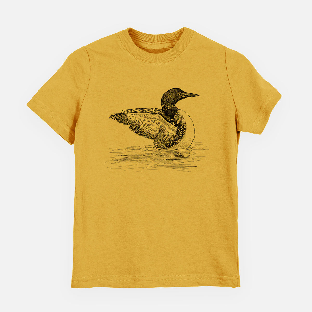 Honeycomb yellow youth t-shirt laid flat, printed with a detailed black ink sketch of a common loon floating on rippling water.