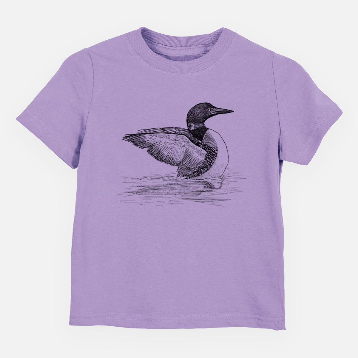 Lavender toddler t-shirt laid flat, printed with a detailed black ink sketch of a common loon floating on rippling water.