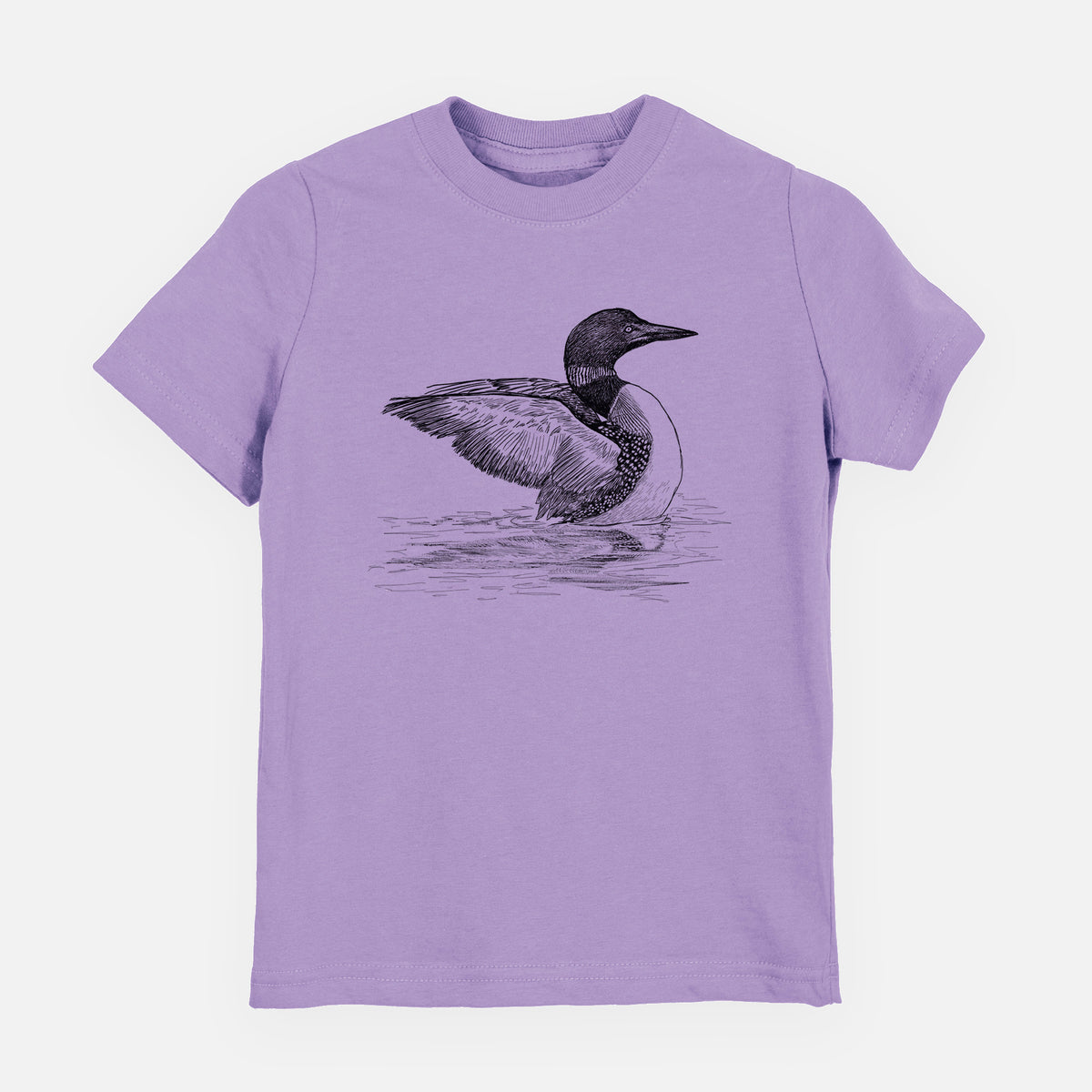 Lavender youth t-shirt laid flat, printed with a detailed black ink sketch of a common loon floating on rippling water.