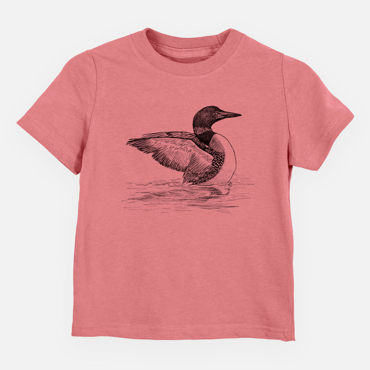 Mauve pink toddler t-shirt laid flat, printed with a detailed black ink sketch of a common loon floating on rippling water.
