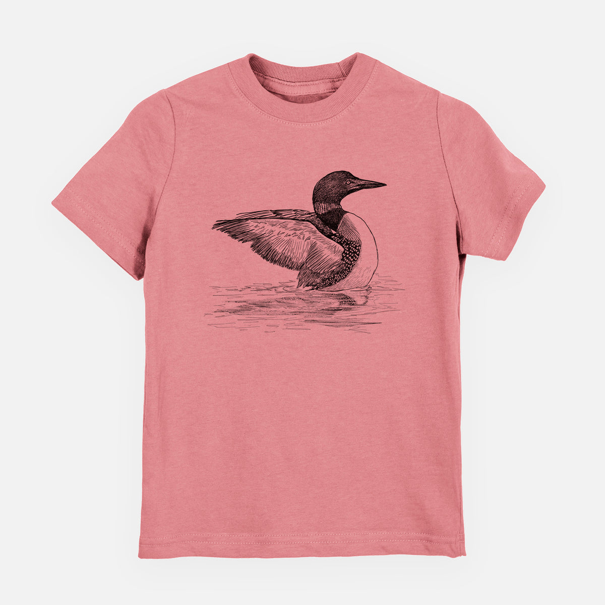 Mauve pink youth t-shirt laid flat, printed with a detailed black ink sketch of a common loon floating on rippling water.