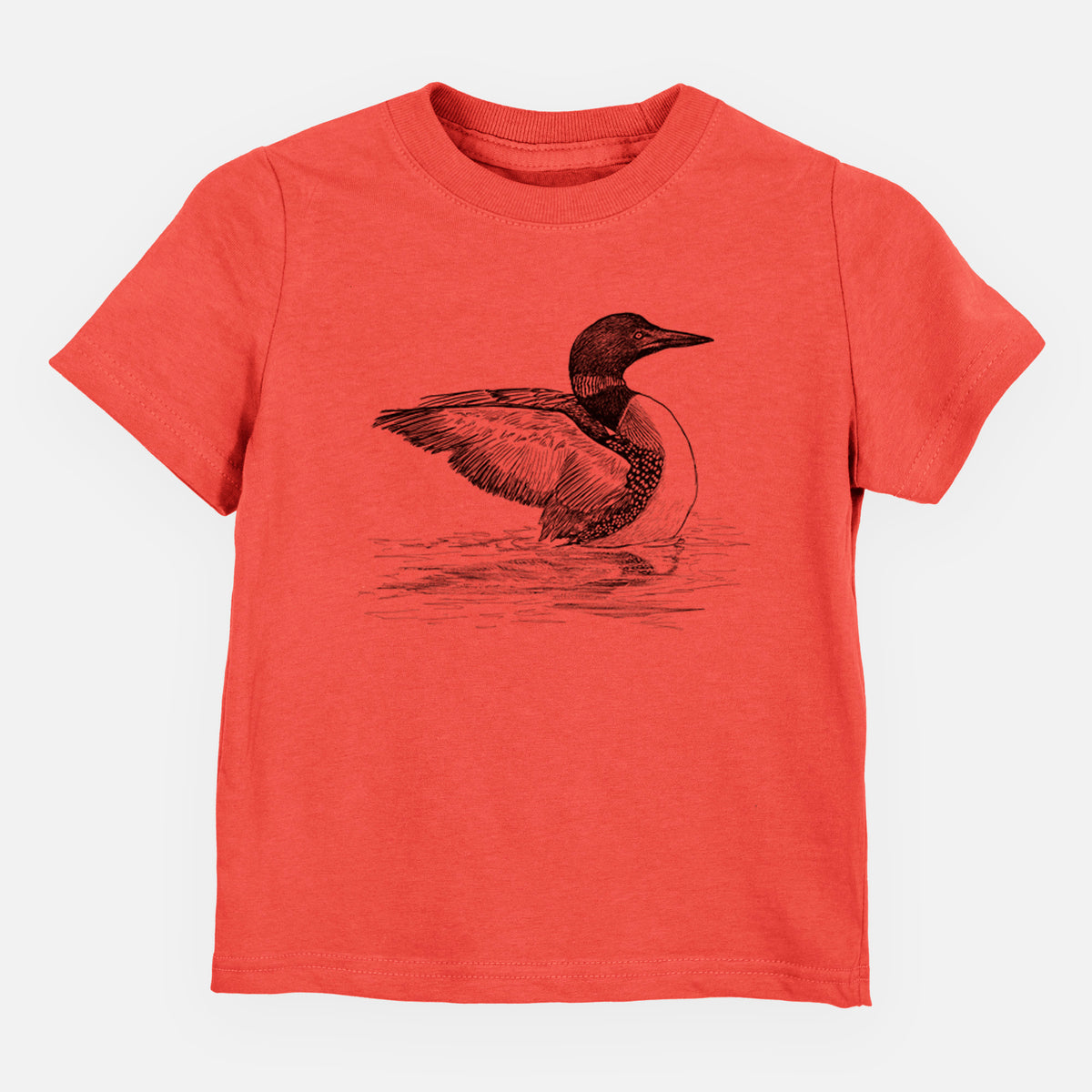 Passionfruit pink toddler t-shirt laid flat, printed with a detailed black ink sketch of a common loon floating on rippling water.