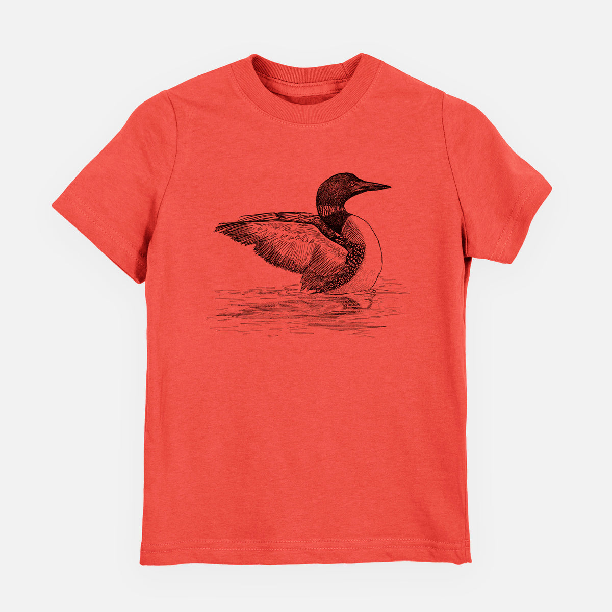 Passionfruit pink youth t-shirt laid flat, printed with a detailed black ink sketch of a common loon floating on rippling water.