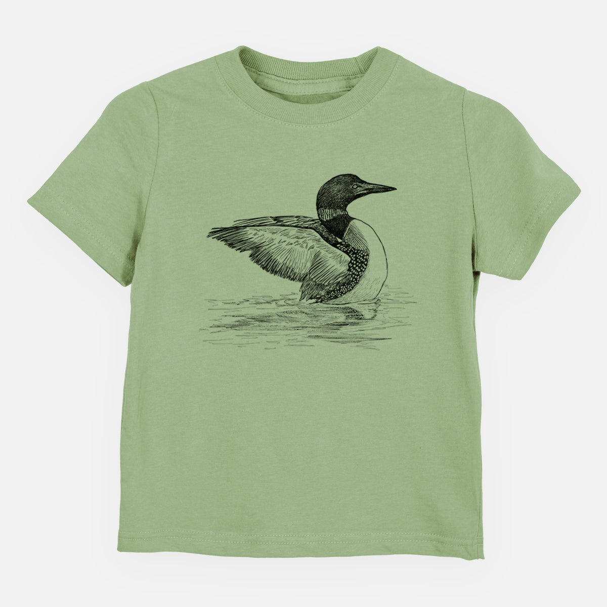Sage green toddler t-shirt laid flat, printed with a detailed black ink sketch of a common loon floating on rippling water.