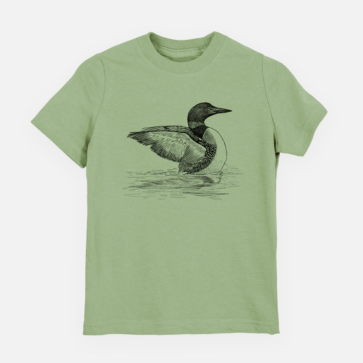 Sage green youth t-shirt laid flat, printed with a detailed black ink sketch of a common loon floating on rippling water.