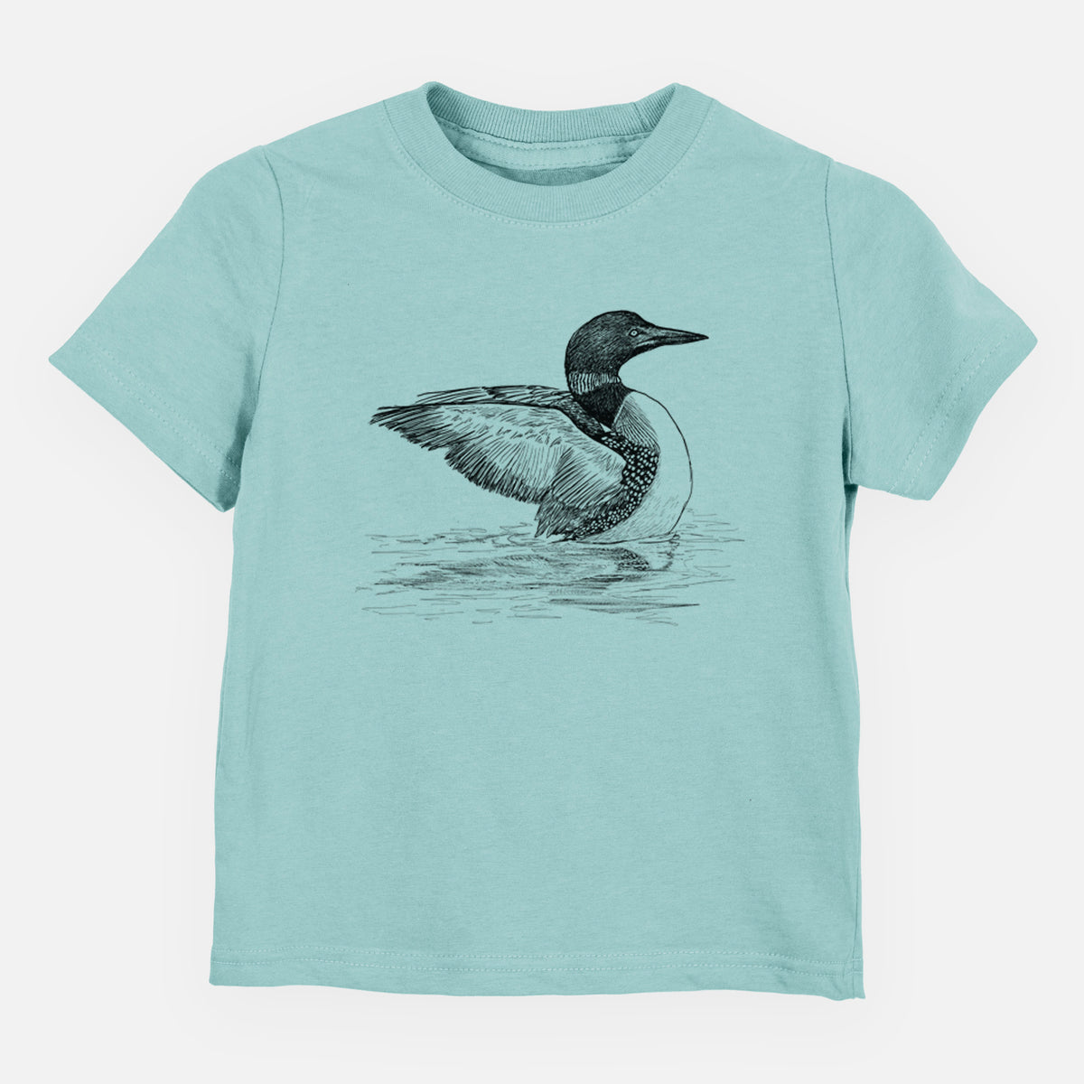 Saltwater toddler t-shirt laid flat, printed with a detailed black ink sketch of a common loon floating on rippling water.