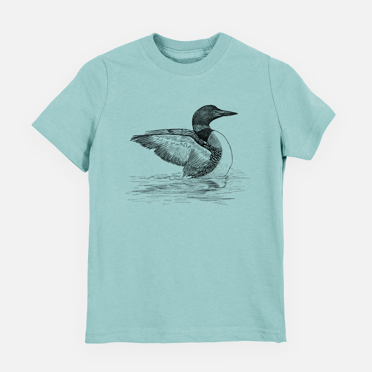 Saltwater youth t-shirt laid flat, printed with a detailed black ink sketch of a common loon floating on rippling water.